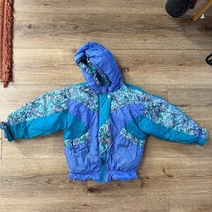 Kids' Floral-Panel Hooded Puffer Jacket - Blue/Teal